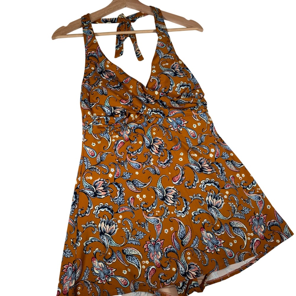 Garnet Hill Womens Orange Paisley Floral Halter Swim Dress One Piece Swimsuit 10